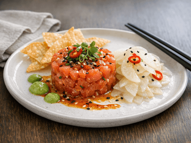 マグロたたきと大根漬け(Spicy Tuna Tartare with Pickled Daikon)